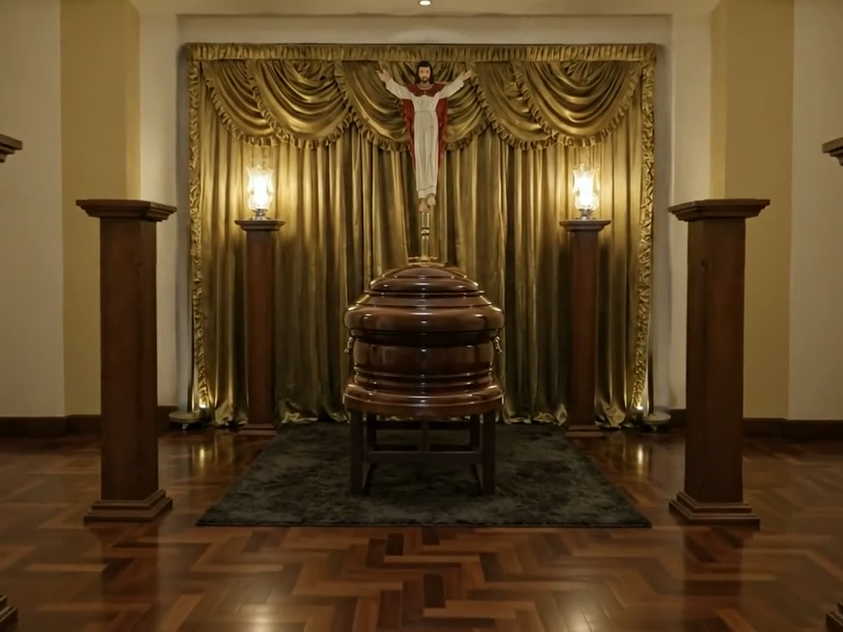 Sala de velación con capilla ardiente, cirios y ambientación en tonos dorados